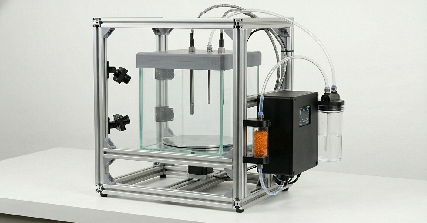 MPC-1 concept render showing the glass containment vessel, aluminum frame chassis, camera array, and environmental control tower